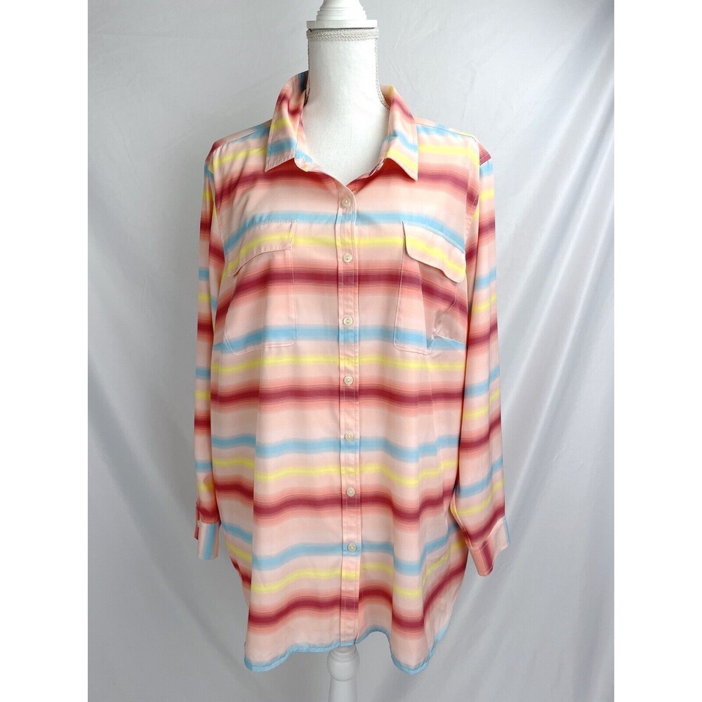Lands’ End Women 2X 20w-22w Ombre Striped Button Shirt Roll Tab Long‎ Sleeves